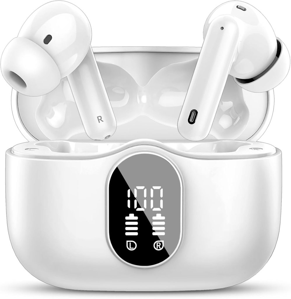 Wireless Earbuds, Bluetooth 5.4 Headphones Bass Stereo, Ear Buds with Noise Cancelling Mic, LED Display in Ear Earphones Clear Calls, IP7 Waterproof Bluetooth Earbuds for Phones/Sports/Laptop, White Wireless Earbuds, Bluetooth 5.4 Headphones Bass Stereo, Ear Buds with Noise Cancelling Mic, LED Display in Ear Earphones Clear Calls, IP7 Waterproof Bluetooth Earbuds for Phones/Sports/Laptop, White