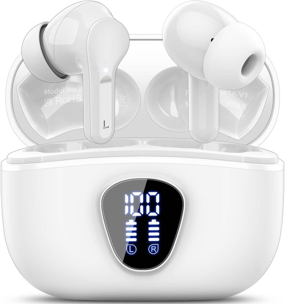 Wireless Earbuds, Bluetooth 5.4 Headphones HiFi Stereo, Bluetooth Earbuds with ENC Noise Cancelling Mic, IP7 Waterproof in Ear Earphones, 48H, LED Display Ear buds for Pad Phones Workout Sports, White Wireless Earbuds, Bluetooth 5.4 Headphones HiFi Stereo, Bluetooth Earbuds with ENC Noise Cancelling Mic, IP7 Waterproof in Ear Earphones, 48H, LED Display Ear buds for Pad Phones Workout Sports, White